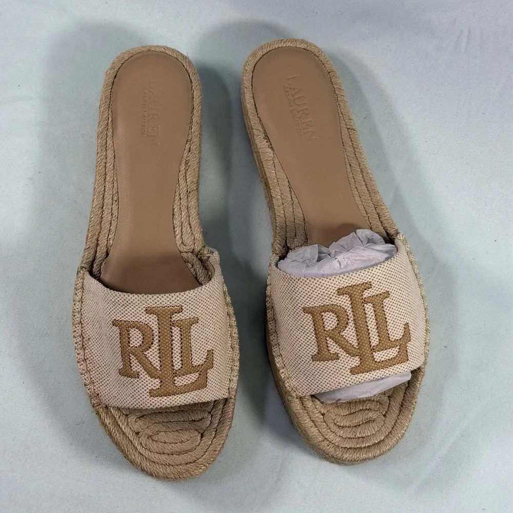 Lauren Ralph Lauren Size-8B Women's Polly Espadrille Flat Sandals Beige Denim